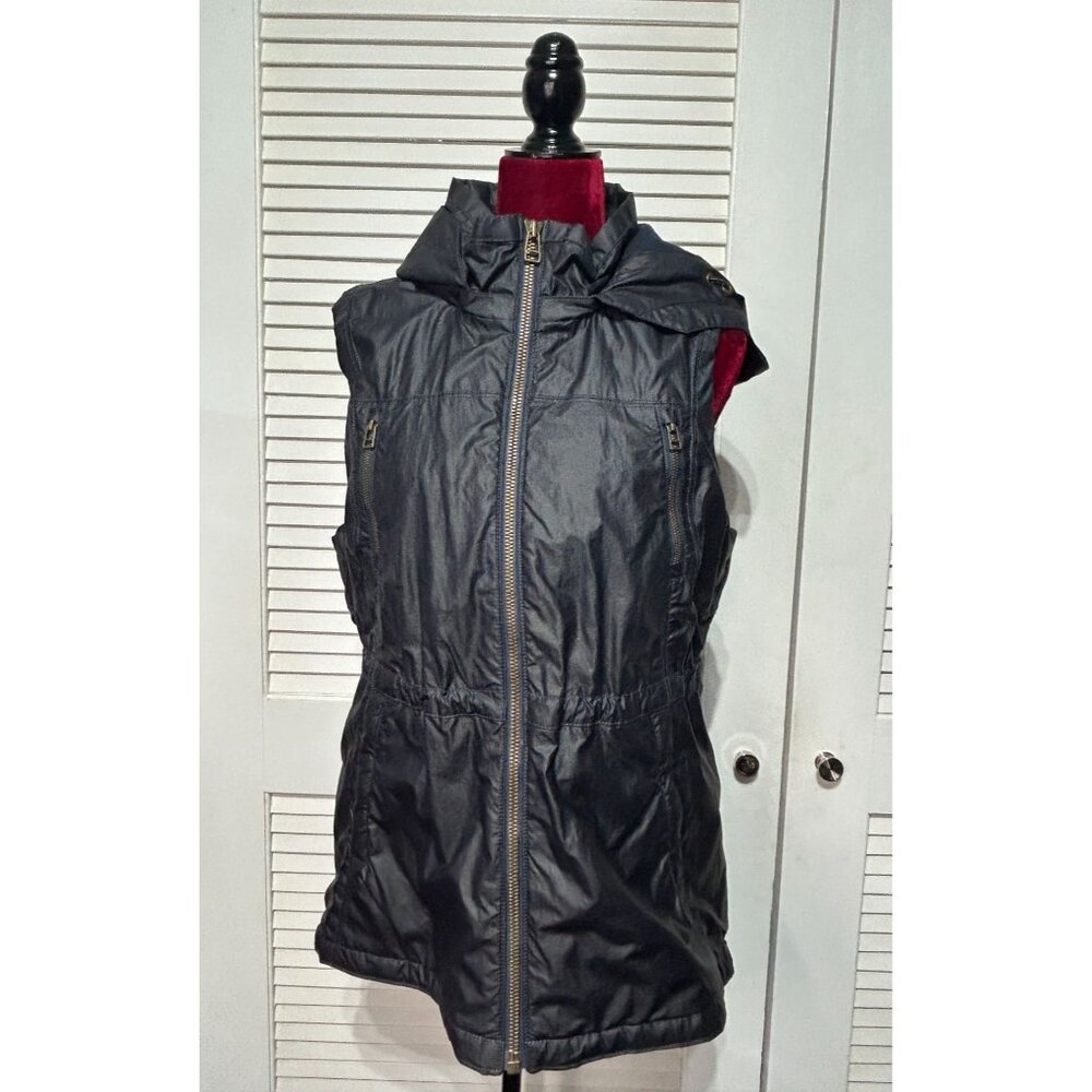 Athleta Women's Dark Blue Drawstring Waist Hooded Vest Jacket Size L 3226